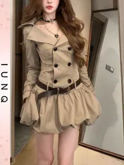 新品・未使用】秋冬 レディース ショートAラインワンピース　バルーンスカート・ダブルブレスト・ウエストベルト付き