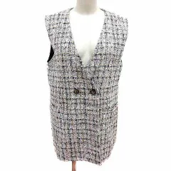 イノウェーブ INNOWAVE ベスト ジレ 前開き ツイード 総裏地 M 黒 ブラック 白 ホワイト ベージュ /YK