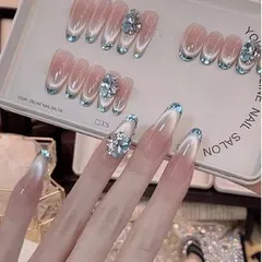 ネイルチップ　ピンク系　ブルーフレンチ　ラメフレンチネイル　グラデーション　ビッグストーン装飾　可愛い　キラキラ　１０枚セット　バレンタイン　ホワイトデー　春休み　卒業式　旅行