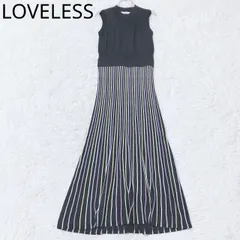 ラブレス　ニットワンピース　ノースリーブ　クルーネック　リブ編み　ストライプ柄　ロング丈　総柄　カジュアル　上品　エレガント　ブラック　配色　サイズ34   XSサイズ相当