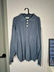 新品) ケーブル編み カラーニット ライトブルー ブルー