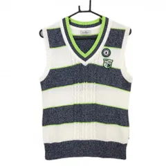 マンシングウェア ニットベスト 白×杢ネイビー×ライトグリーン ボーダー 胸ロゴ Vネック レディース L ゴルフウェア Munsingwear