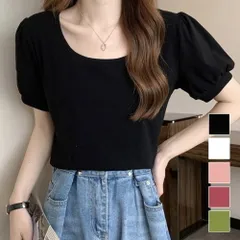 バルーンスリーブTシャツ レディース 10代 20代 30代 韓国ファッション 夏 大人 カジュアル 可愛い おしゃれ シンプル 無地 黒