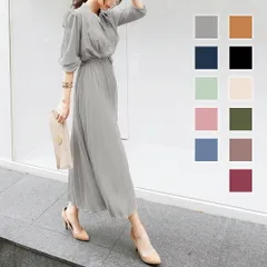 ウエストマークプリーツワンピース 長袖無地 ワンピース スタンドカラー エレガント 大人女子 スタイルアップ効果 柔らか生地 カラーバリエーション 落ち着いた色味 ロングワンピース【M/L/XL】 送料無料 プレゼント ギフト 韓国ファッション