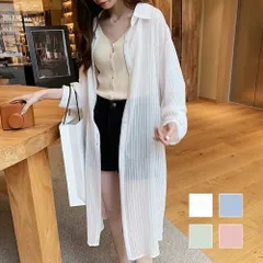 ストライプロングシャツ レディース トップス 長袖 春服 夏服 秋 10代 20代 30代 韓国ファッション シンプル 透け感 大人 上品 シアーのサムネイル