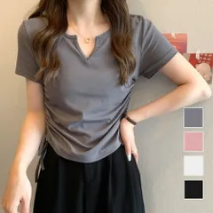 サイドドロストリボンシャツ 春 夏服 秋 韓国ファッション 10代 20代 30代 黒 Tシャツ レディース 無地 シンプル トップス 半袖のサムネイル