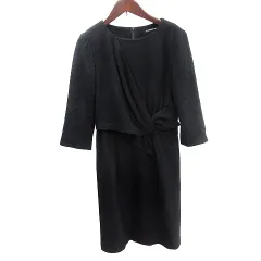 ストロベリーフィールズ STRAWBERRY-FIELDS ワンピース ひざ丈 リボン ウール 七分袖 黒 ブラック /AU