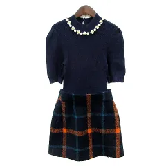 スナイデル SNIDEL ワンピース ひざ丈 チェック 半袖 ドッキング ビジュー 0 XS 紺 ネイビー /MN
