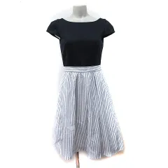 ジャスグリッティー JUSGLITTY ワンピース ひざ丈 半袖 ドッキング ストライプ 1 S 紺 ネイビー 白 ホワイト /YI