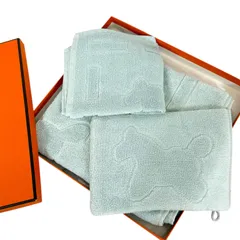 【タグ付き・美品】HERMES エルメス CARRE DADA カレ ダダ ベビータオル 3点セット バスタオル ハンドタオル バスミトン 馬柄 ペールブルー 箱付き