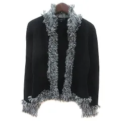 ロペ ROPE カーディガン ニット リブ フリンジ 長袖 M 黒 ブラック 白 ホワイト グレー /MS