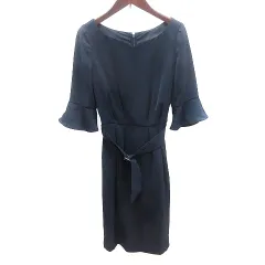 デビュー ド フィオレ Debut de Fiore ワンピース ひざ丈 オープンフロントネック フレアスリーブ 五分袖 七分袖 ウエストマーク 34 XS 紺 ネイビー /AU