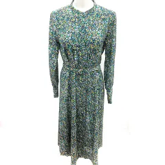 ハッシュアッシュ HusHusH ワンピース Aライン ロング 長袖 総柄 ウエストマーク 3 緑 グリーン /RT