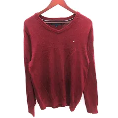 トミーヒルフィガー TOMMY HILFIGER ニット カットソー Vネック 刺繍 長袖 L ボルドー 赤 レッド /AU