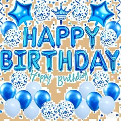 青い 王冠 ガーランド 風船 バースデー バースデー デコレーション BIRTHDAY パーティー HAPPY お祝い セット 記念日 48点 サプライズ バルーン 男女兼用 飾り付け (ロイヤルブルー) 誕生日