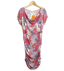 新品同様 エトロ ETRO ワンピース ドレス ドレープ ドルマンスリーブ 半袖 膝丈 ミニ丈 花柄 総柄 レーヨン ストレッチ マルチカラー サイズ44 レディースのサムネイル