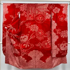 たんす屋 TANSU-YA 着物 リユース襦袢 振袖用襦袢 朱赤 絞り 菊 梅 橘 絹 未洗い 【身丈】128cm【裄丈】64cm MS7297