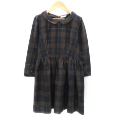 アースミュージック&エコロジー EARTH MUSIC & ECOLOGY ワンピース ひざ丈 長袖 ラウンドカラー チェック柄 S ブラウン 茶 ネイビー 紺 /YM25