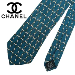 CHANEL　シャネル　 ネクタイ 　ココマーク　チェーン付　シルク　 総柄　ブルー系　ビジネス
