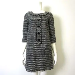 ジュエルチェンジズ Jewel Changes アローズ チュニック ワンピース ツイード フリンジ ボタン装飾 ポケット 7分袖 S 36 黒 ブラック 白 ホワイト