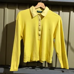 1404 LAULEN RALPH LAUREN 長袖ポロシャツ イエロー M相当 ローレンラルフローレン ワンポイント 刺繍ロゴ クロップド丈 七分丈 古着卸 アメリカ仕入