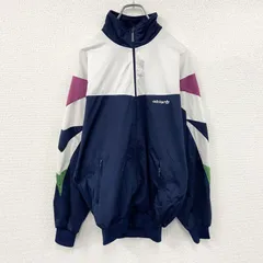 【3点以上まとめ買いで20％OFF】古着 used　80s　adidas　アディダス　トラックジャケット/ジャージ　ヴィンテージ　紺　ネイビー　白　ホワイト　Lサイズ
