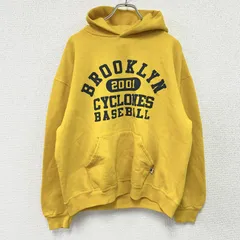【3点以上まとめ買いで20％OFF】古着 used　90s　RUSSELL　ラッセル　スウェットパーカー/フーディー　4連プリント　ヴィンテージ　黄色　イエロー　Lサイズ