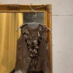 77 アナイ ANAYI フリル 無地 ブラウス シャツ ノースリーブ ブラウン　秋冬　リボン　トップス　お呼ばれ　デート　オフィスカジュアル　食事会