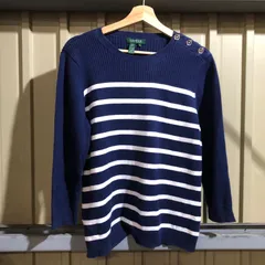 1407 LAULEN RALPH LAUREN セーター ネイビー ホワイト L ローレンラルフローレン ニット ボーダー柄 コットン 七分丈 古着卸 アメリカ仕入