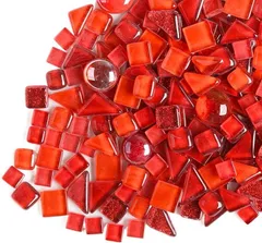 MARUHADO モザイクタイル ガラス 500g 不揃い 大容量 サイズ混合 ハンドメイド デコレーション 工作 陶器 四角 丸 (レッド)