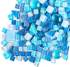 MARUHADO モザイクタイル ガラス 500g 不揃い 大容量 サイズ混合 ハンドメイド デコレーション 工作 陶器 四角 丸 (マリンブルー)