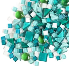 MARUHADO モザイクタイル ガラス 500g 不揃い 大容量 サイズ混合 ハンドメイド デコレーション 工作 陶器 四角 丸 (エメラルドグリーン)