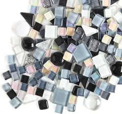 MARUHADO モザイクタイル ガラス 500g 不揃い 大容量 サイズ混合 ハンドメイド デコレーション 工作 陶器 四角 丸 (黒・白・灰色 混合,  2 cm x 2 cm)