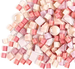 MARUHADO モザイクタイル ガラス 500g 不揃い 大容量 サイズ混合 ハンドメイド デコレーション 工作 陶器 四角 丸 (桜ピンク)