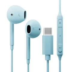 イヤホン 高音質 ステレオ USB Type-C ステレオイヤホン ブルー 青 インナーイヤー マイク付 リモコン付 ダイナミックドライバー 有線 ケーブル 1.2ｍ 120cm ハンズフリー PGA   【ゆうパケットにて7営業日以内発送】のサムネイル