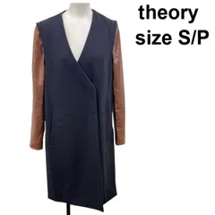 ■ セオリー theory コート 長袖レザー 切り替え ロングジレ ネイビー ブラウン 毛 ラムレザー S/P S レディース S6A093