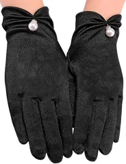 BAERU 手袋 レディース フォーマル手袋 フォーマルグローブ 薄手 パール ホワイト ウェディンググローブ (ブラック,  Free Size)