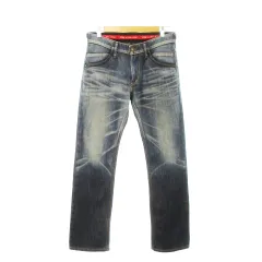 エドウィン EDWIN EDGE OB BLUE JEANS WILD FIRE EDGE FLAP STRAIGHT デニムパンツ ジーンズ ストレート ワンポイント フェイクレザー ウォッシュ加工 ヴィンテージ加工 30 青 ダークブルー EGF503
