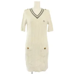 バーバリーブルーレーベル BURBERRY BLUE LABEL ニットワンピース 半袖 Vネック ひざ丈 ホース 刺繍 38 白 グレー /TK