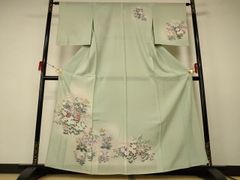 D974 訪問着 やまと誂製 手描き友禅 花薄緑 正絹 着物 袷 未使用極美品
