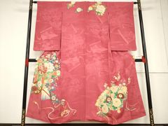 お引きずり着物 ピンク 赤 花柄ポリエステルちりめん 日本舞踊 娘役