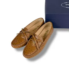 プラダ　PRADA ドライビングシューズ　ローファー　オーストリッチ　レザー　ブラウン　リボン　36H
