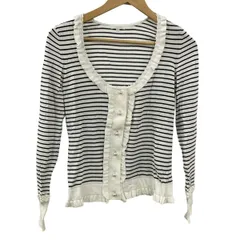 TO BE CHIC(トゥービーシック) カーディガン サイズ2 M レディース美品  - 白×黒 長袖/ボーダー/フリル/パール