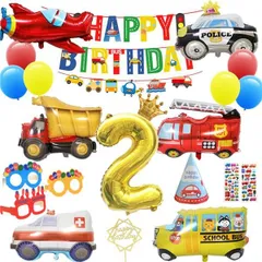 Style:2 誕生日 車 飾り付け シンプル パーティー 数字2 セット 大きな 3D車バルーンセット Happy Birthdayバースデーバナー 交通バナー 救急車風船 パトカー風船 スクールバスアルミ風船 消防車風船 工程車風船 飛行機風船 クラウン風