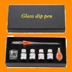 硝子 おしゃれ 文房具 スターター 万年筆 初心者向け 手紙 ペン置き付き イラスト 4色 アート セット GPT インク オレンジ [スーツケースカンパニー]ガラスペン