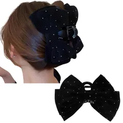ヘアアクセ 上品 髪飾り バンスクリップ ラインストーン 黒 レディース ベロア 高見え 大きめ リボン 大人可愛い ヘアクリップ
