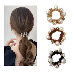 おしゃれ 小物 韓国風 跡がつかない かわいい 黒 シンプル 大人 通勤 ギフト オフィス ファッション シュシュ ヘアアクセサリー 髪飾り (パール3本) 星 花 パール ヘアゴム【3本セット】髪ゴム