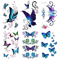 【在庫セール】Yesallwas タトゥーシール 蝶 青 長持ち 6枚セット 入れ墨シール 蝶々 タトゥー ブルー 刺青シール バタフライ タトゥーステッカー ボディーシール 防水 (蝶))