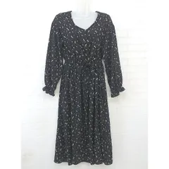 ◇ continuer de NICE CLAUP 総柄 ウエストリボン 長袖 膝下丈 ワンピース サイズM ブラック ベージュ レディース  【中古】 【1206080004658】