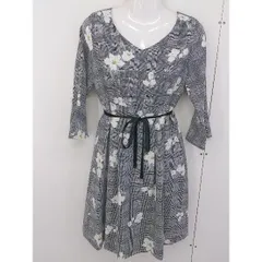 ◇ ◎ Fabulous Angela 花柄 七分袖 ミニ ワンピース サイズF ブラック ホワイト パープル系 レディース  【中古】 【1206070008222】